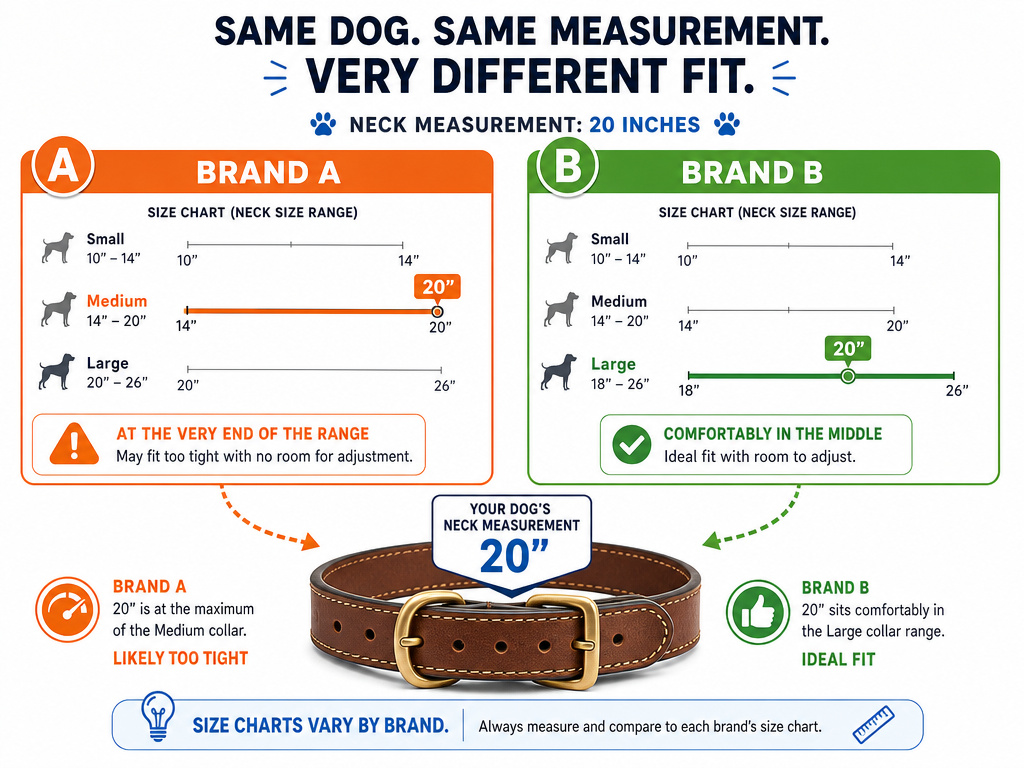 Comparing different leather dog collar size charts from manufacturers.