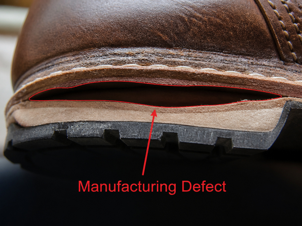 Cross-section diagram showing an air pocket defect in a leather boot sole