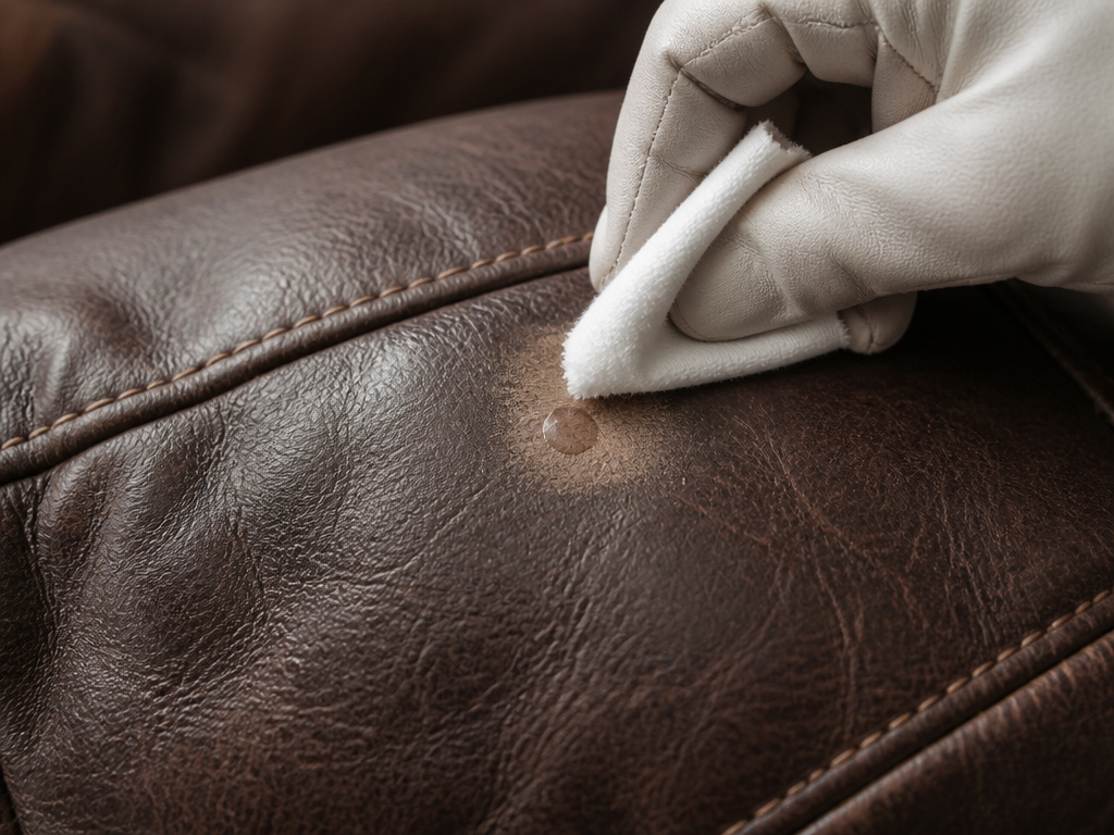 Testing leather conditioner on a hidden spot of aniline sofa leather.
