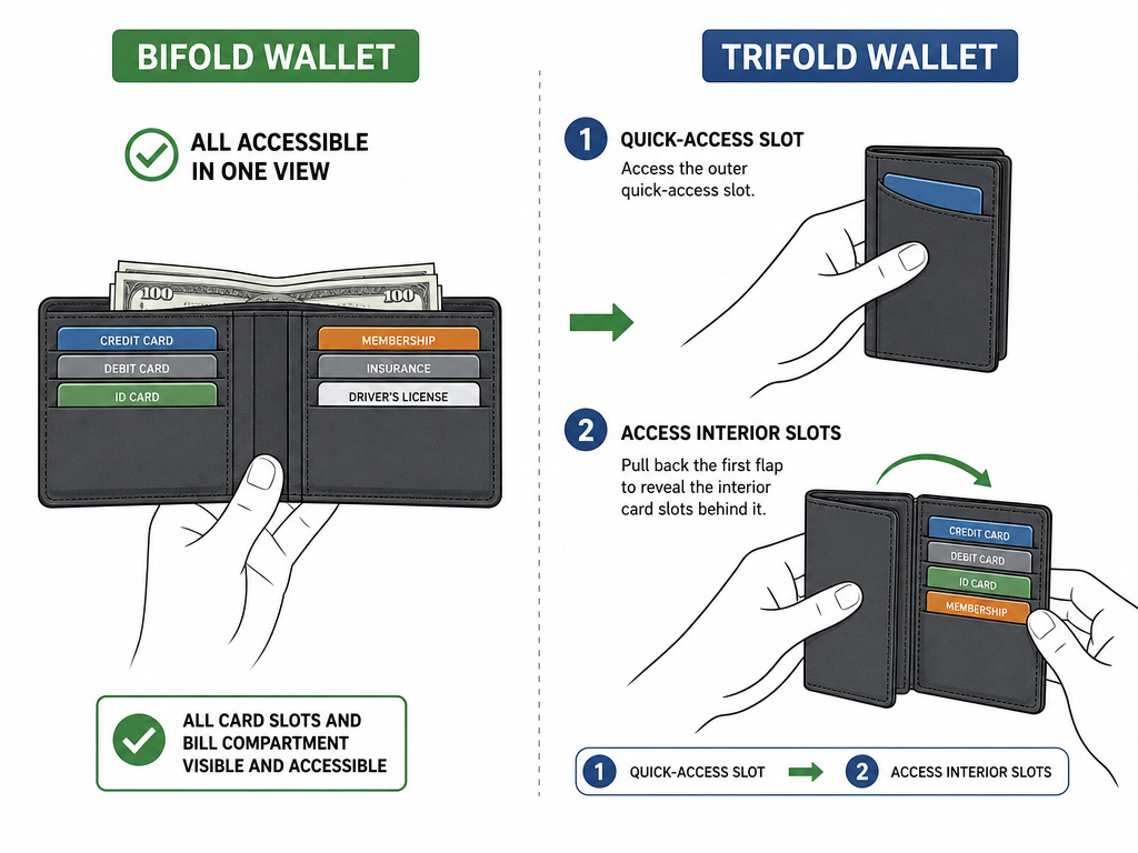 Diagram comparing bifold wallet direct access versus trifold wallet sequential access