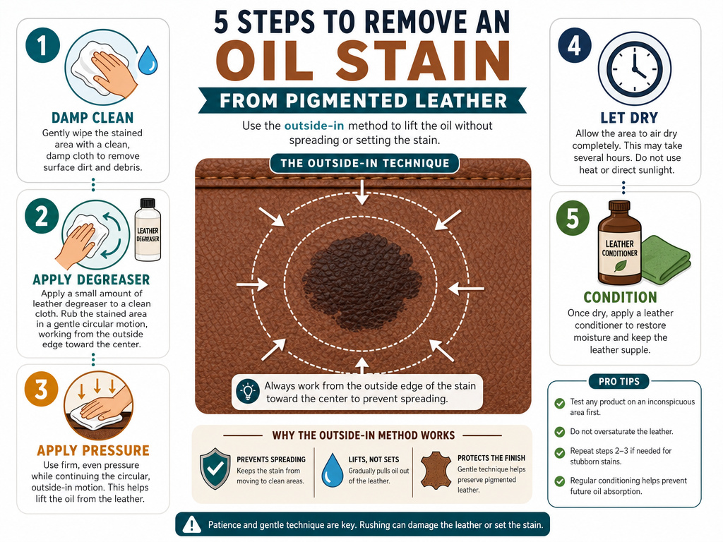 Step-by-step infographic for degreasing oil stains from finished leather.