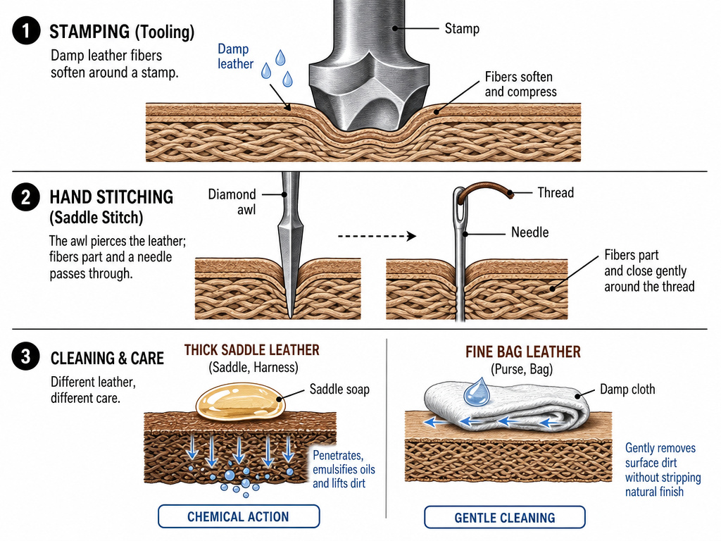 Diagram explaining leather casing, diamond awl stitching, and saddle soap application.