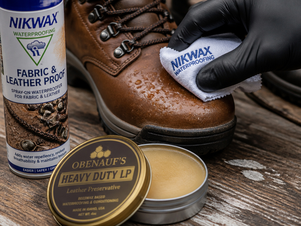 Close-up of waterproofing products and application on a leather hiking boot.