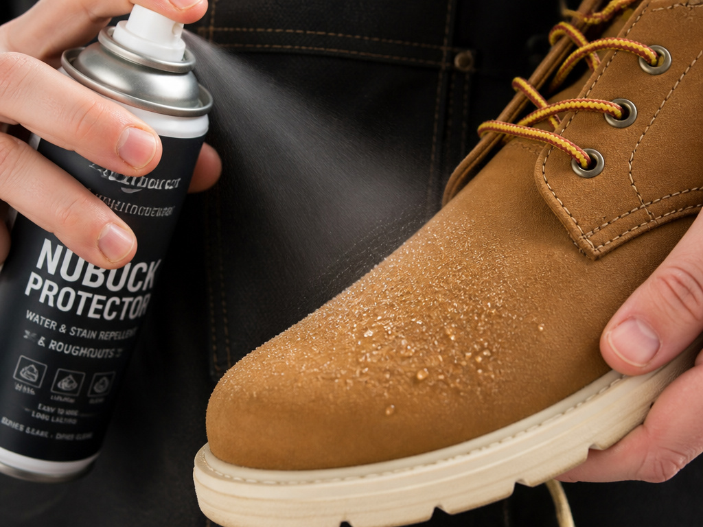 Applying nubuck protector spray to a clean shoe before first wear