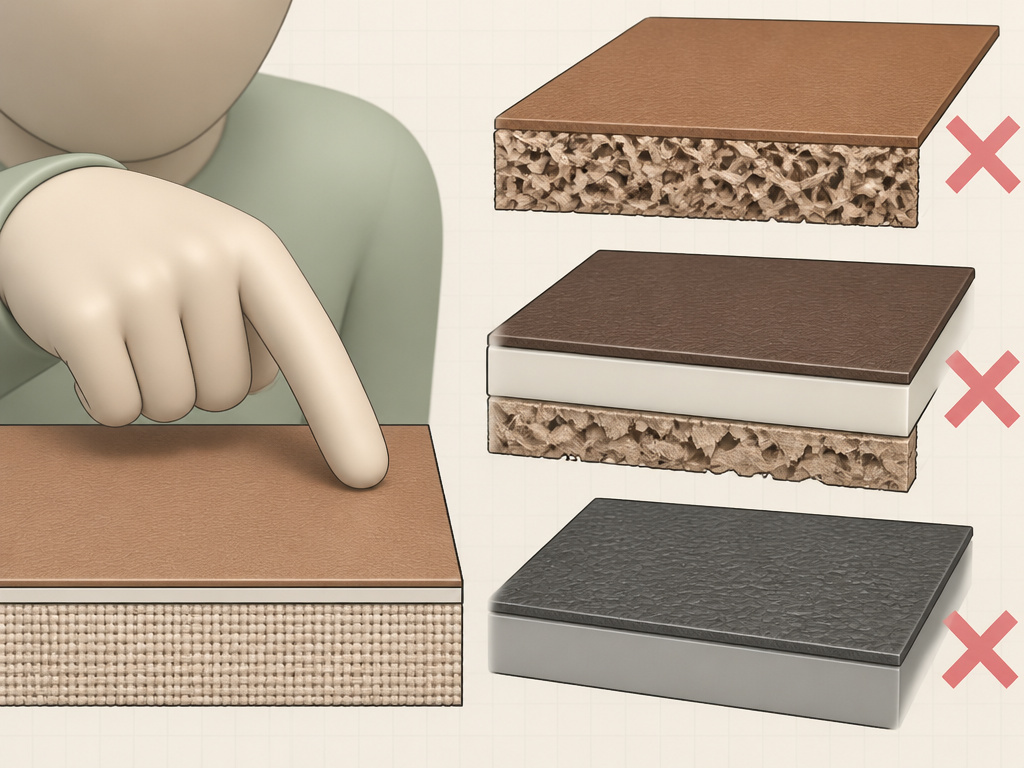 Diagram comparing PU leather cross-section to bonded, bicast, and PVC leather.