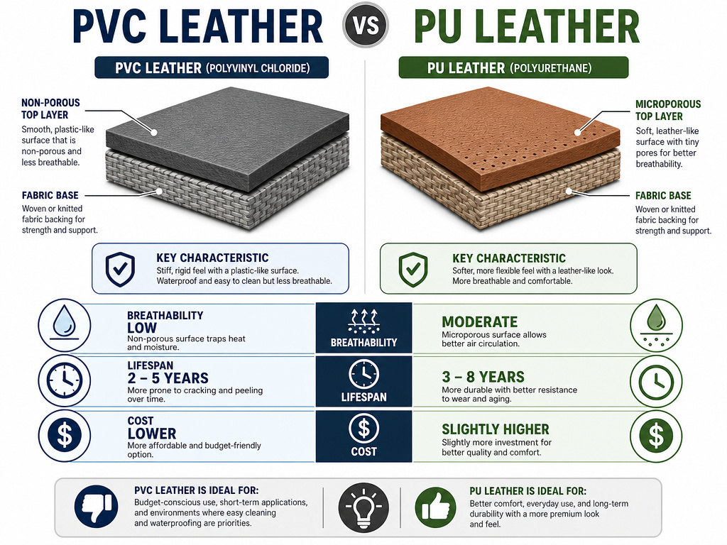 Comparison infographic of PVC leather versus PU leather properties and lifespan.