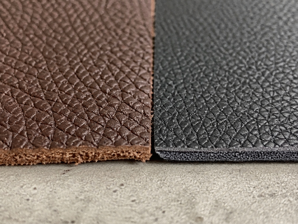 Close-up comparison of genuine vs synthetic pebbled leather texture and edges.