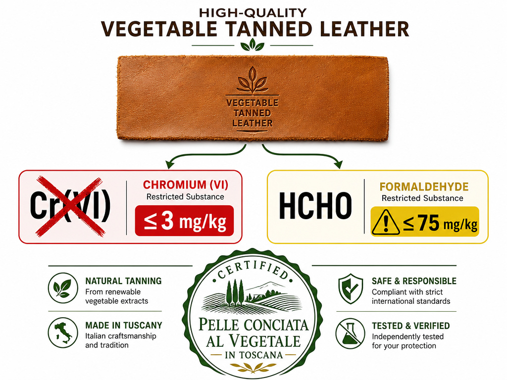 Infographic showing key chemical limits for certified vegetable tanned leather.