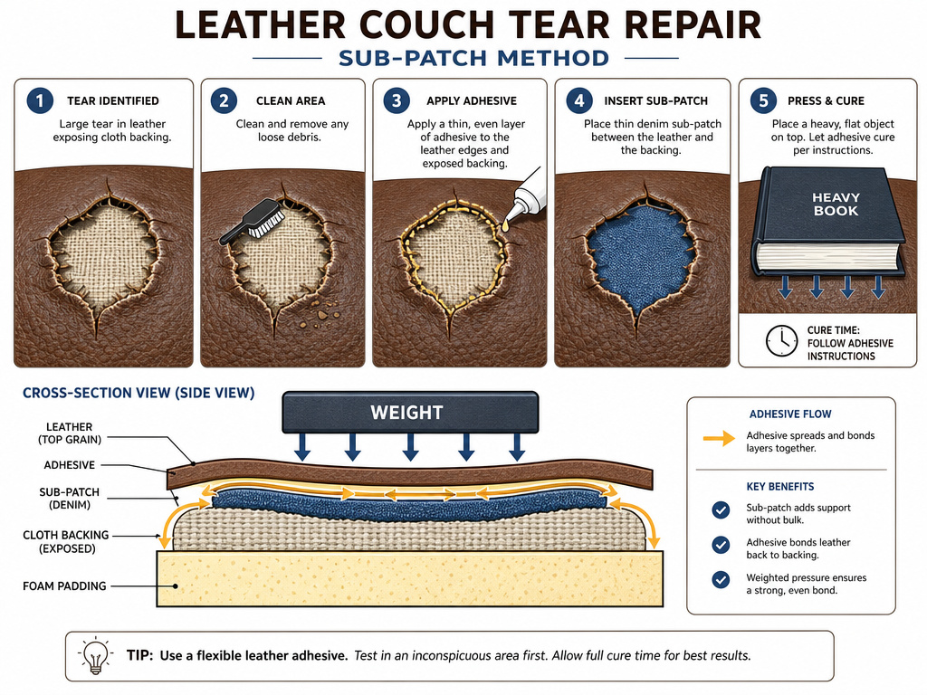 Cross-section diagram of patching a major tear in leather couch upholstery