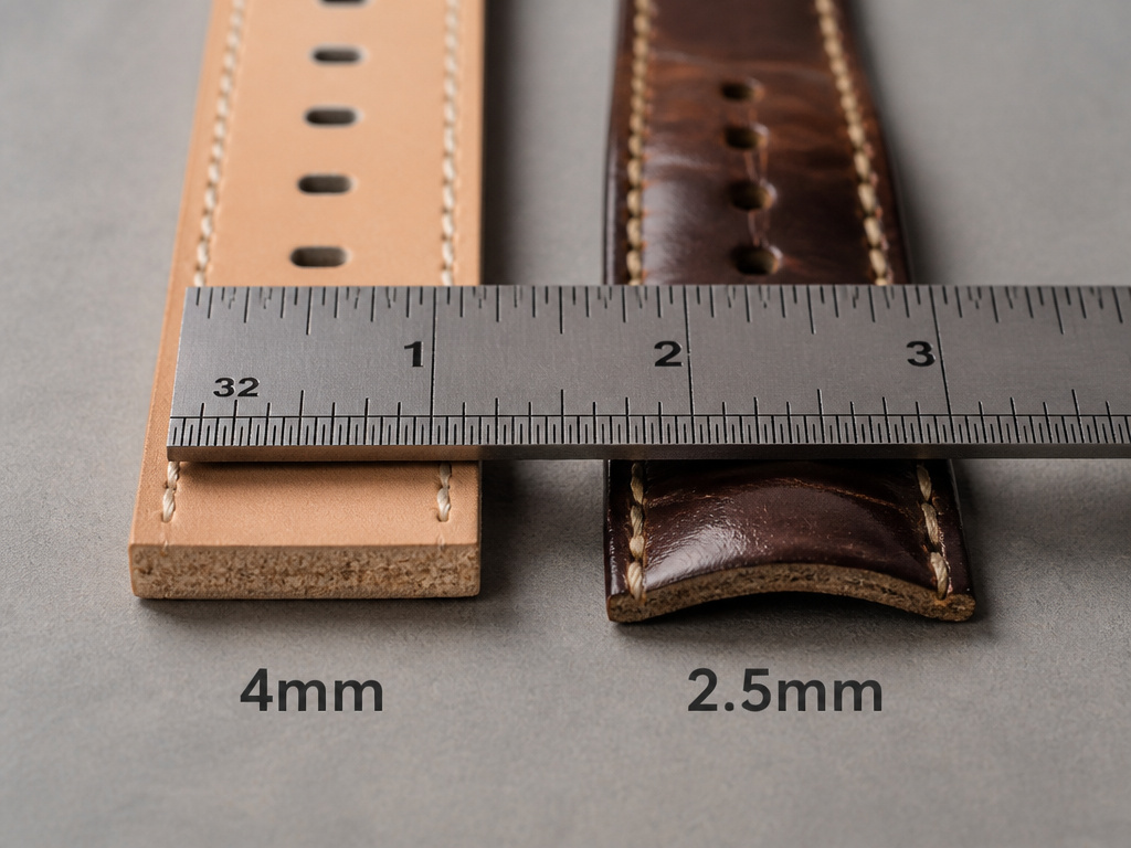 Comparison of a thick stiff leather watch strap versus a thin soft one