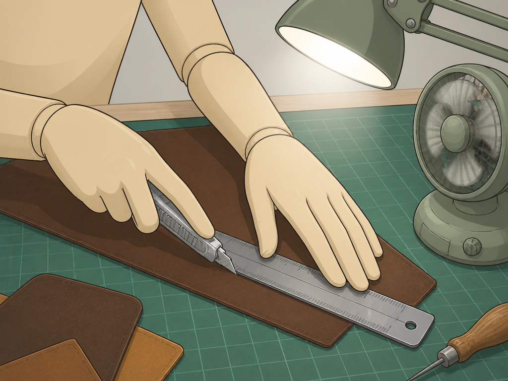 Beginner leatherworker's hands cutting leather on a mat with proper lighting and ventilation.