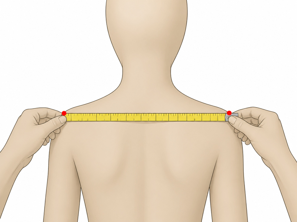 Measuring shoulder width for a leather jacket fitting diagram.