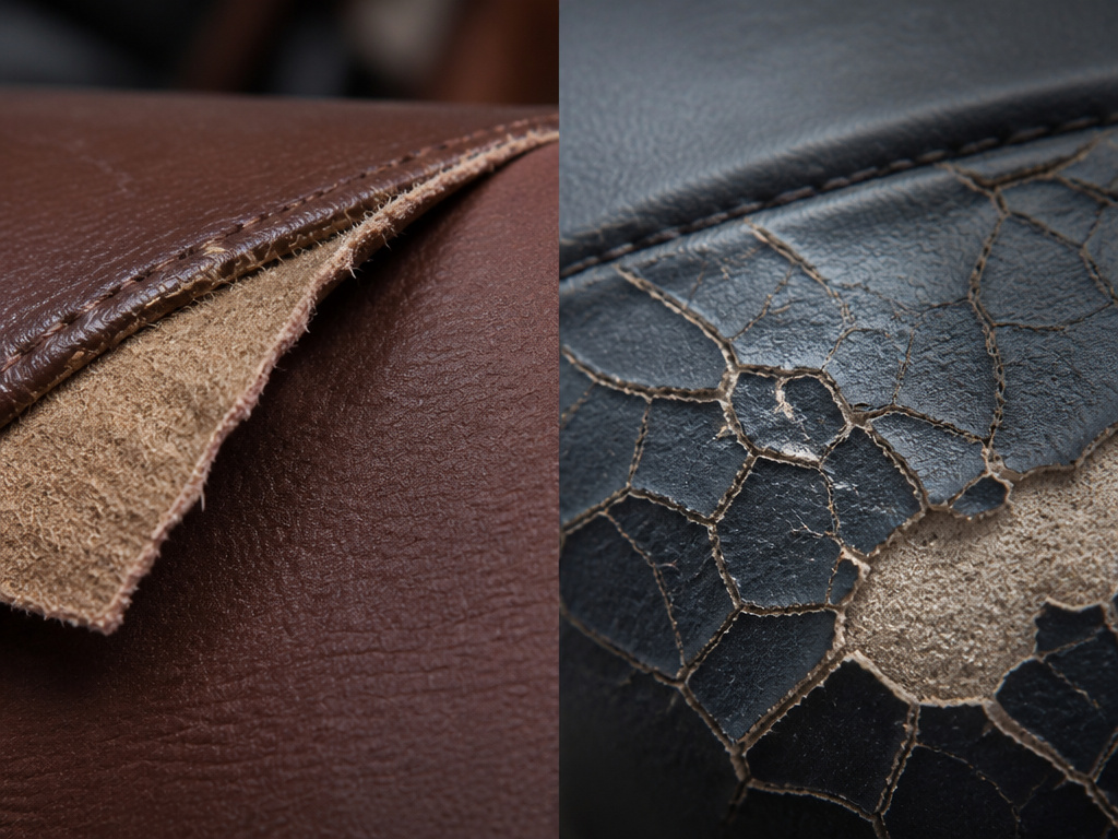 Close-up comparison of bonded leather delamination vs genuine leather coating cracks