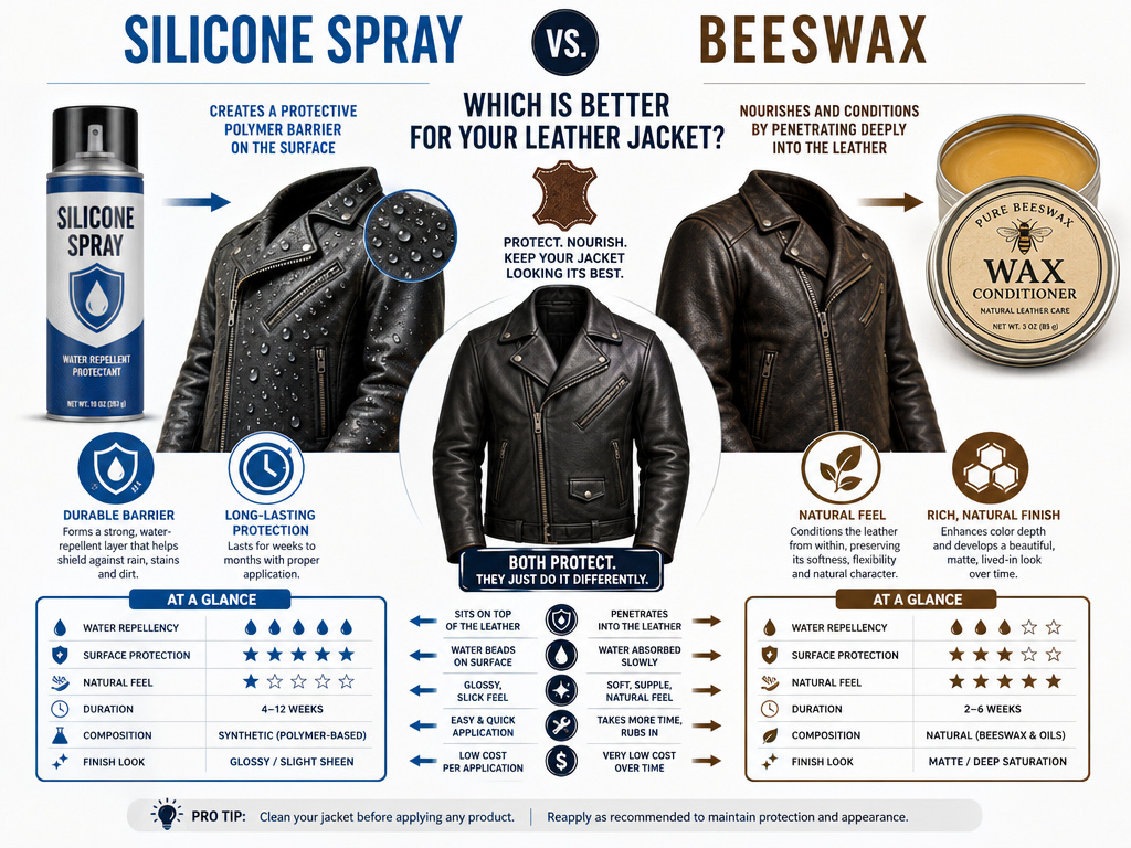 Comparison infographic of silicone spray versus wax for waterproofing leather jackets.