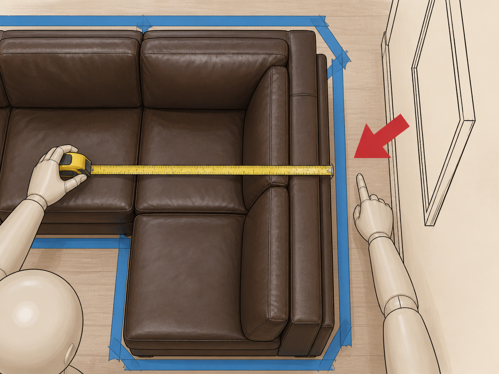 Cartoon diagram of measuring tape on floor plan to avoid oversized leather sofa.