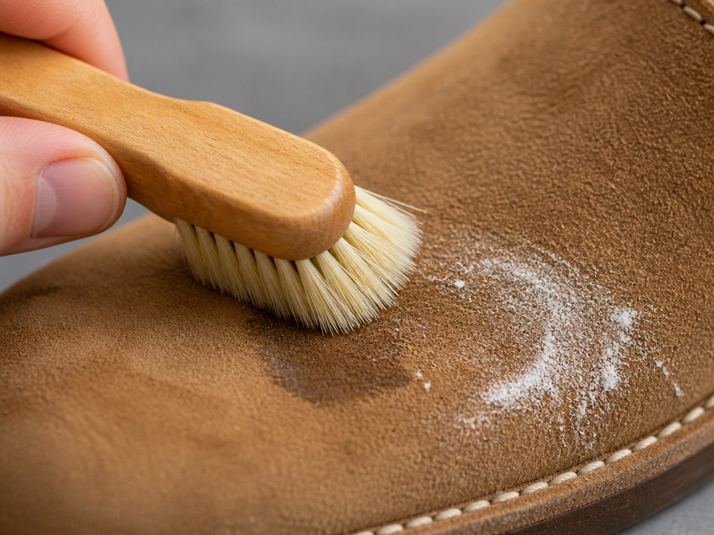 Removing grease stain from nubuck leather with a dry horsehair brush.