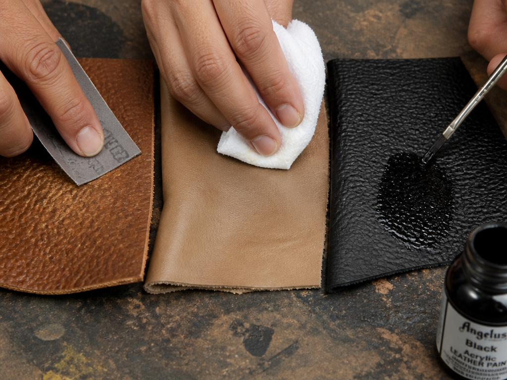 Close-up comparing paint prep on cowhide, lambskin, and goatskin leather types.