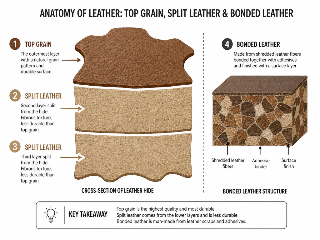 Diagram comparing split leather layers to top grain and bonded leather.