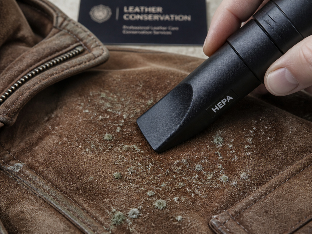 Professional HEPA vacuum cleaning mold from delicate suede leather.