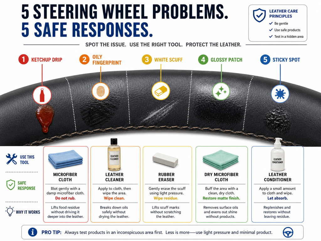 Infographic for cleaning leather steering wheel stains, scuffs, and shine issues.