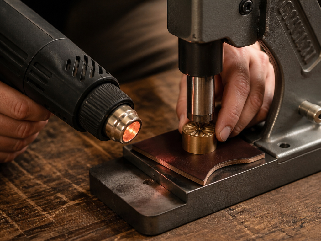 Hot stamping chrome-tanned leather with a heated brass stamp and arbor press.