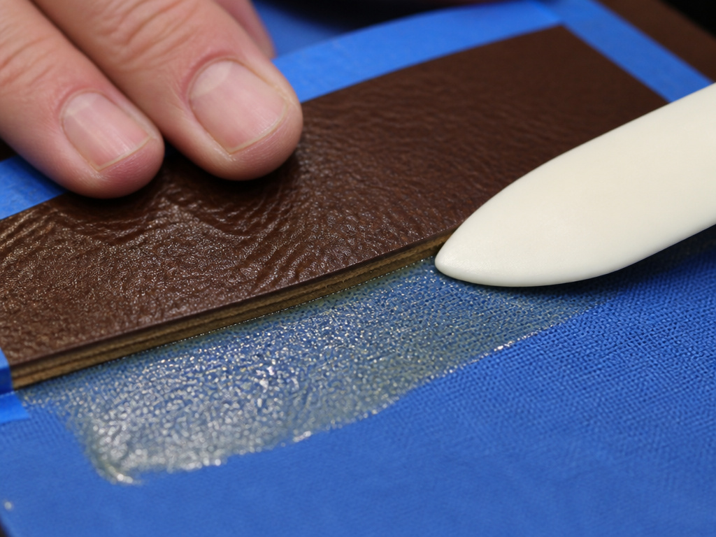 Close-up of gluing leather to fabric using contact cement and a bone folder.