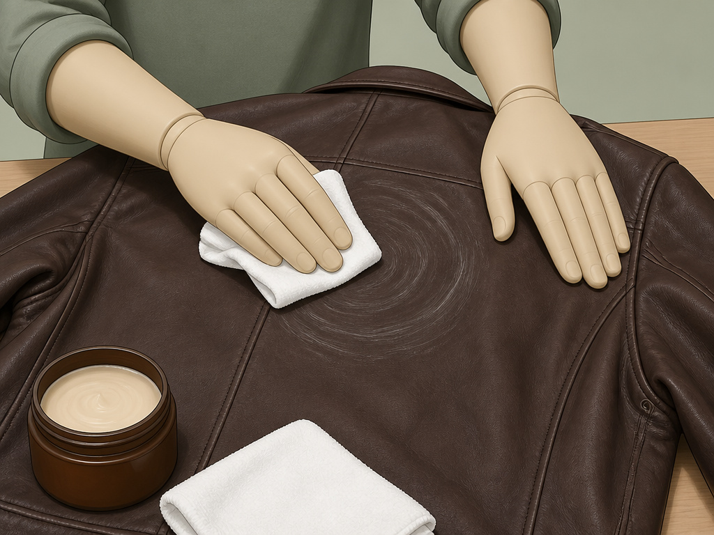 Close-up hands applying leather conditioner to a jacket in circular motions.