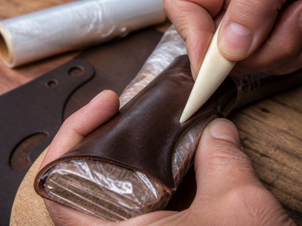 Close-up of wet molding leather onto a wrapped form with a boning tool.