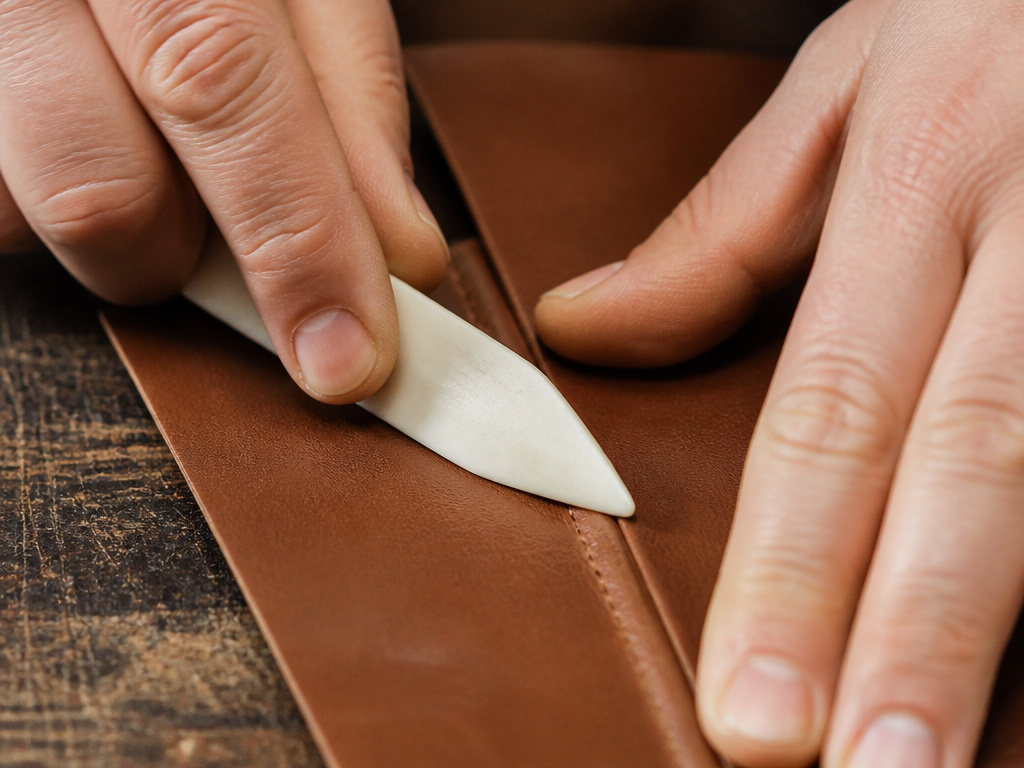 Using a bone folder to press leather seams for a strong glue bond.