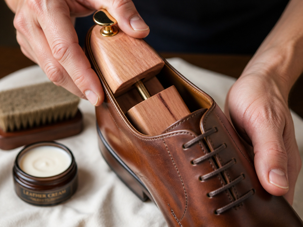Man inserting cedar shoe trees into leather shoes for proper storage.