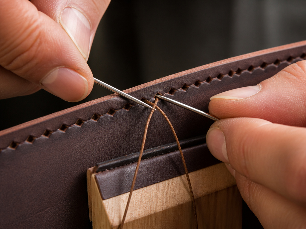 Close-up of the two-needle saddle stitch technique on leather.