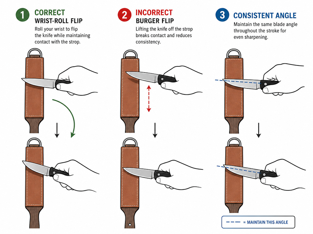Correct wrist-roll versus incorrect flip method for stropping a knife on leather.