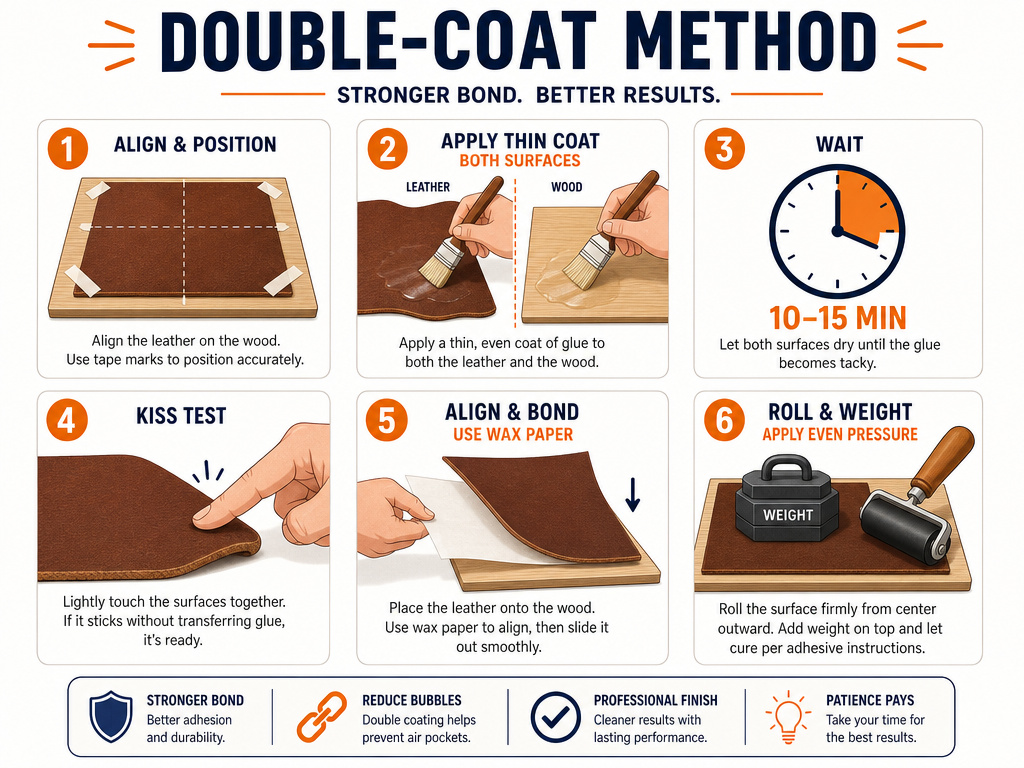 Step-by-step infographic for gluing leather to wood using the double-coat method.