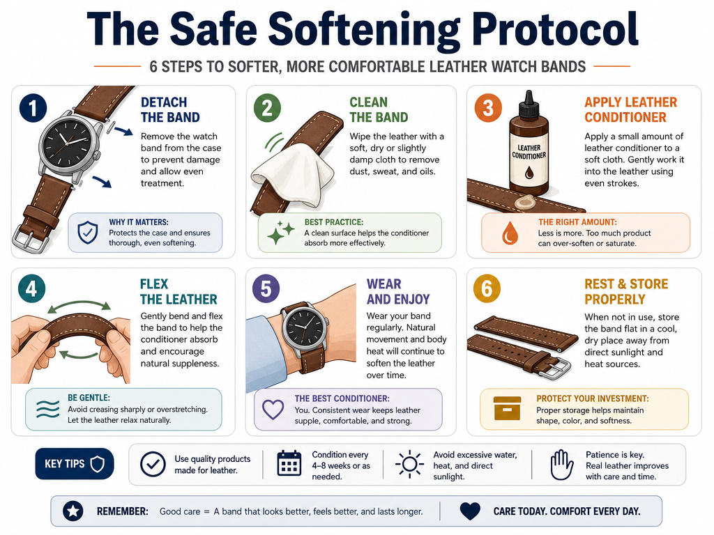 Six-step infographic for safely softening and conditioning a leather watch strap.