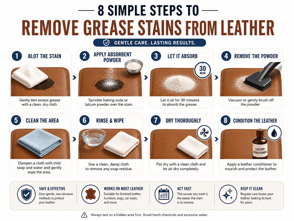 Step-by-step infographic for removing grease stains from leather surfaces.