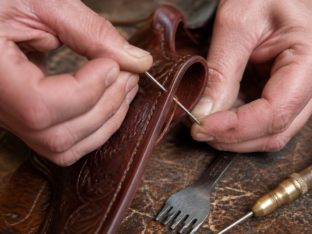 Close-up of hands saddle stitching a leather holster with two needles.