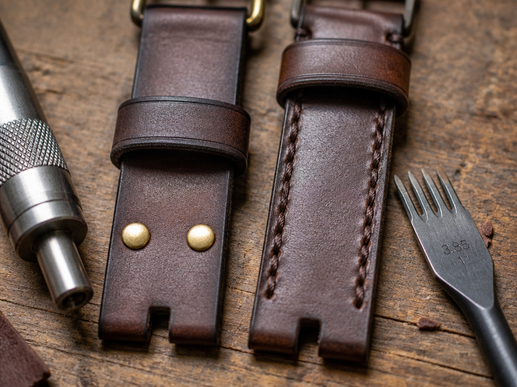 Comparison of a riveted leather watch strap versus a hand-stitched leather watch strap.