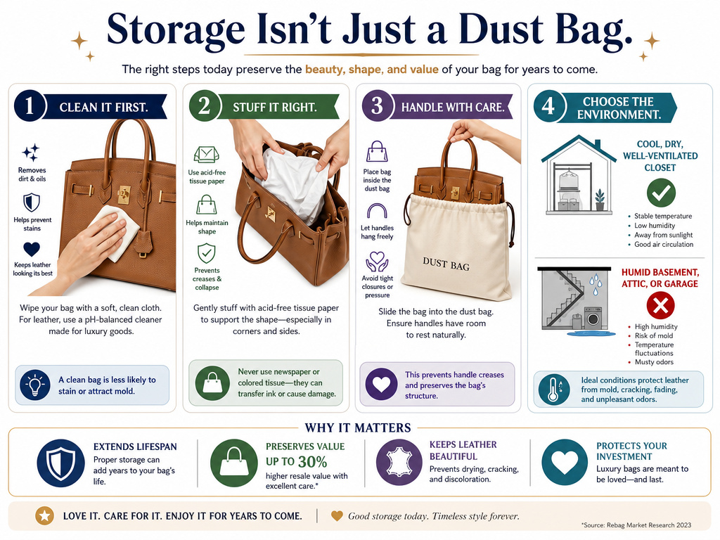 Infographic on proper leather handbag storage steps to prevent damage