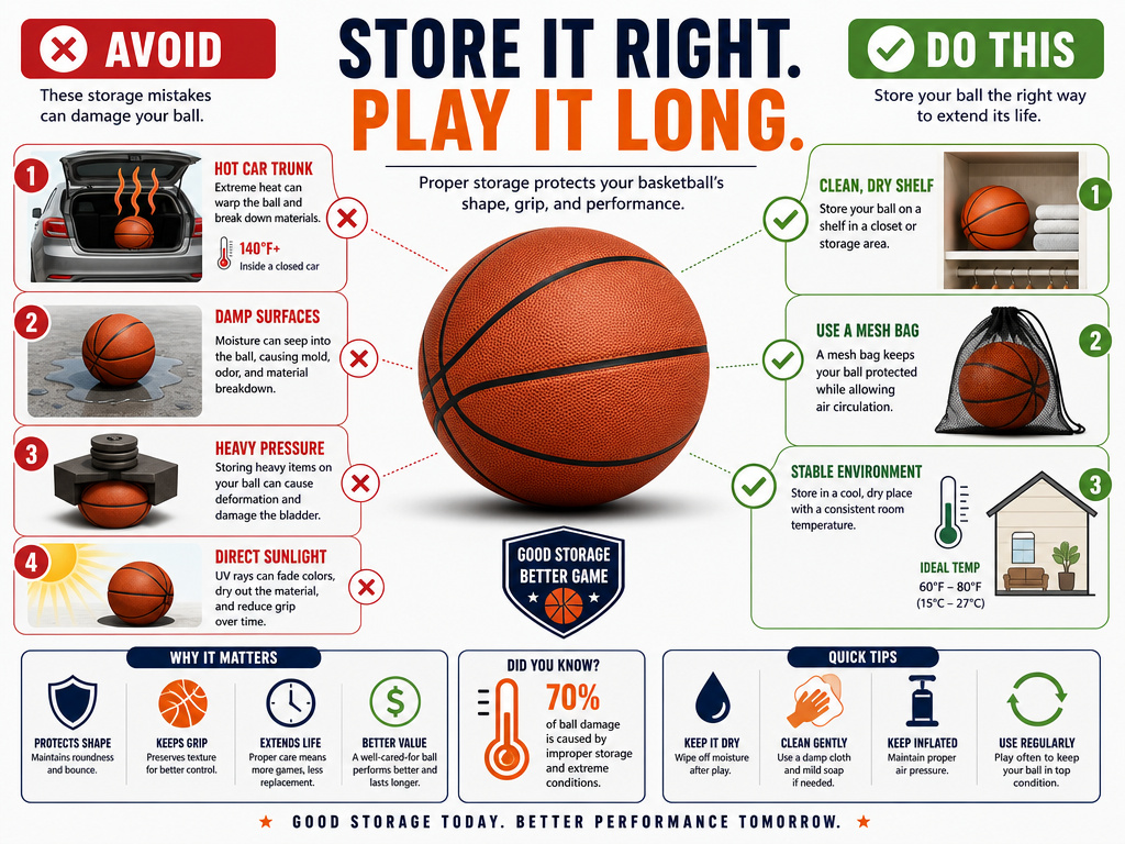 Infographic showing correct and incorrect ways to store a leather basketball.