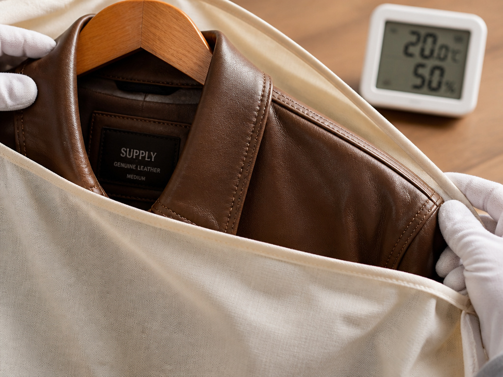 Conditioned leather jacket stored on padded hanger in breathable garment bag