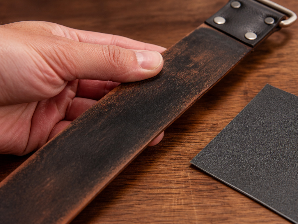 Close-up of a used leather strop with residue, ready for maintenance with sandpaper.