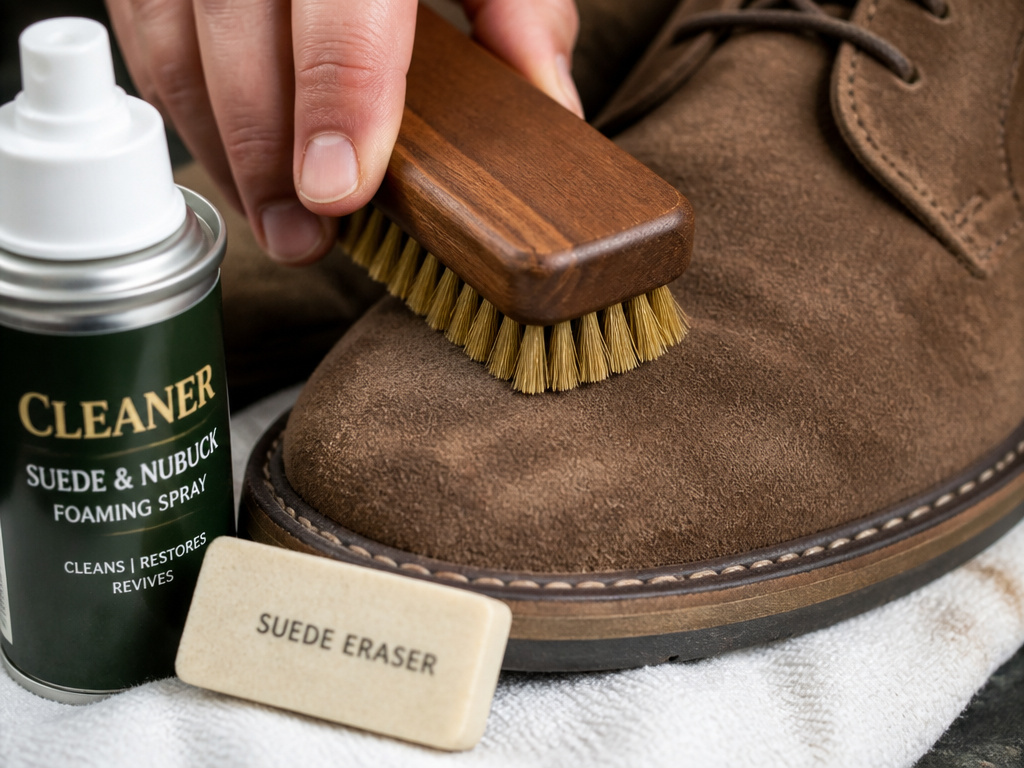 Buffing a scuff on patent leather with a soft cloth and Vaseline.
