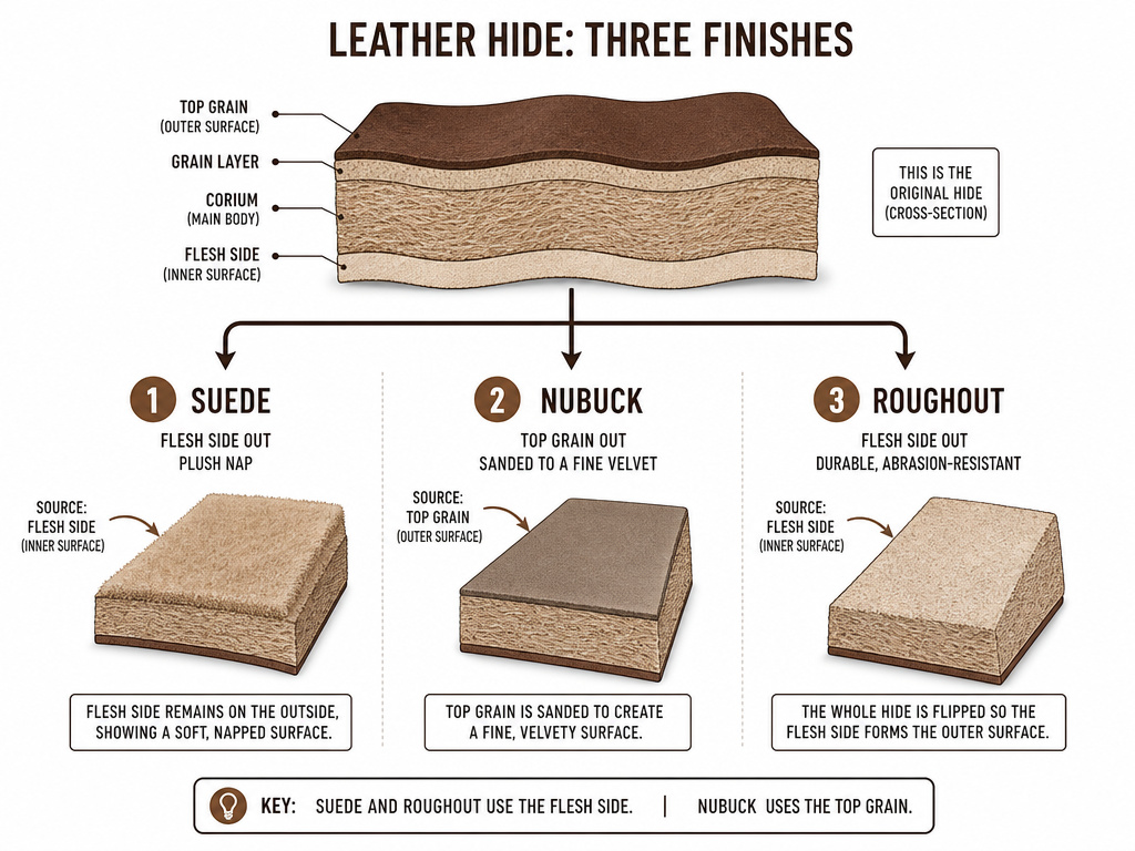 Diagram comparing suede, nubuck, and roughout leather source layers.