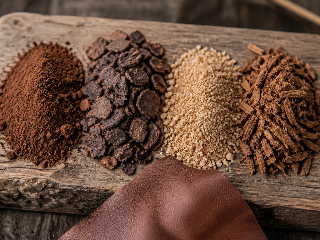 Raw materials for vegetable tanning: Mimosa, Quebracho, Chestnut, and Oak extracts.