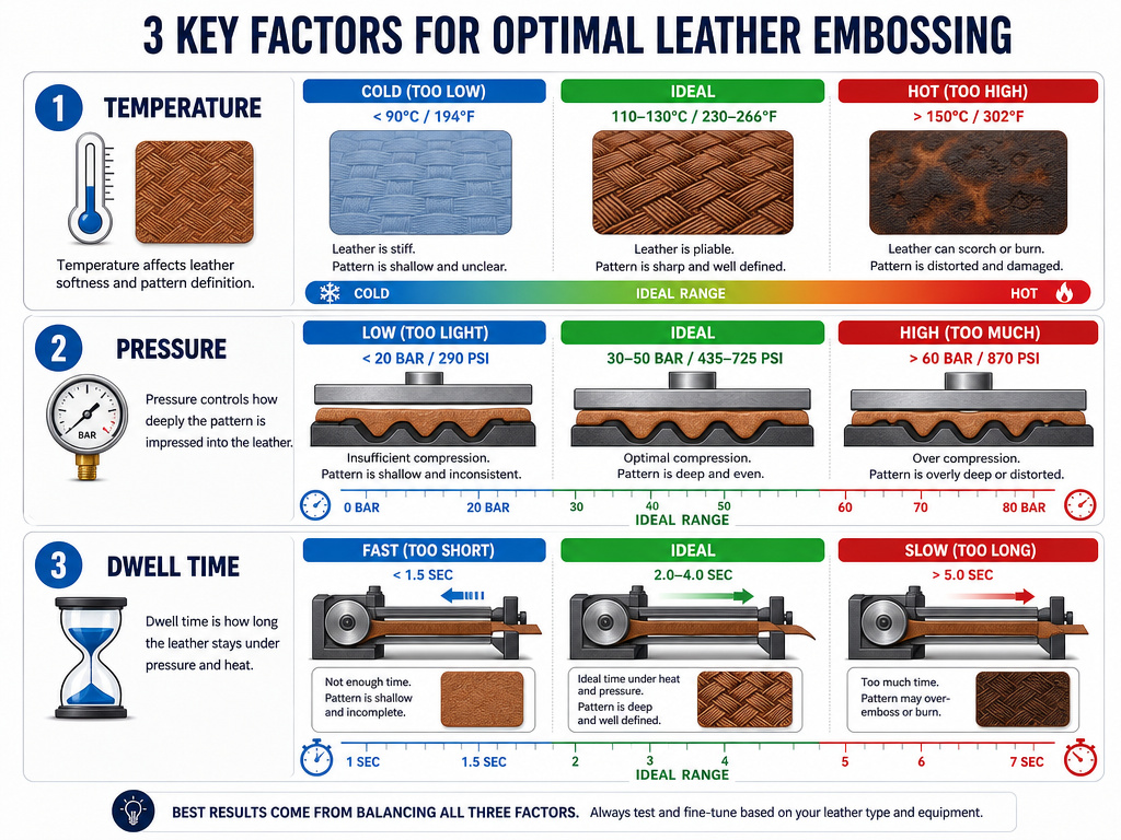 Infographic showing temperature, pressure, and dwell time parameters for quality leather embossing.