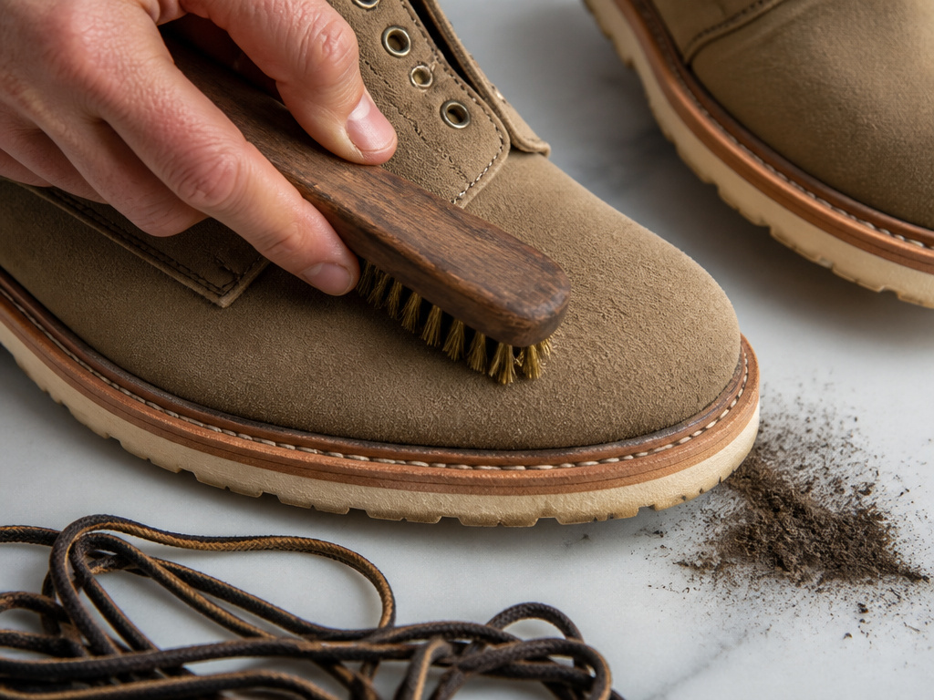 Using a brass brush to dry clean dirty nubuck shoes, removing surface dirt.