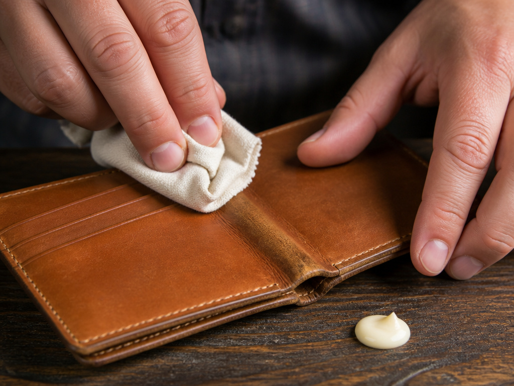 Applying leather conditioner to a wallet's fold with a soft cloth in circular motions
