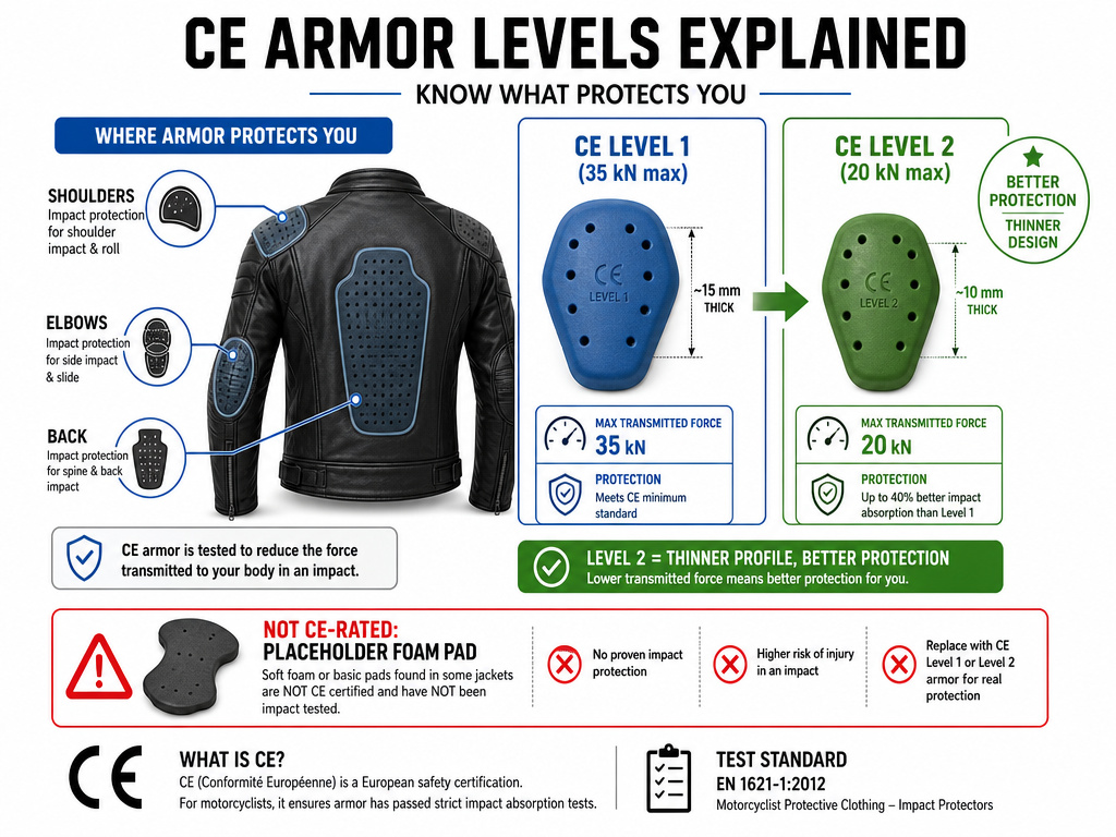 Infographic comparing CE Level 1 and Level 2 armor in a motorcycle jacket.