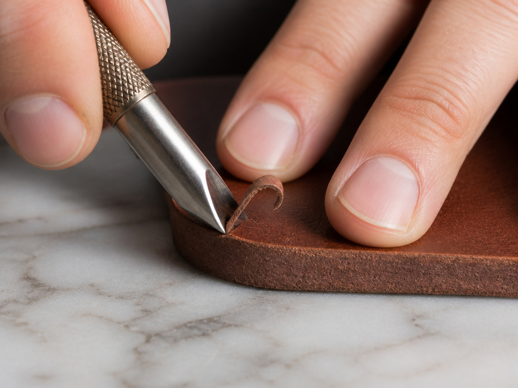 Close-up of a leather edge beveler cutting a smooth chamfer on a strap.