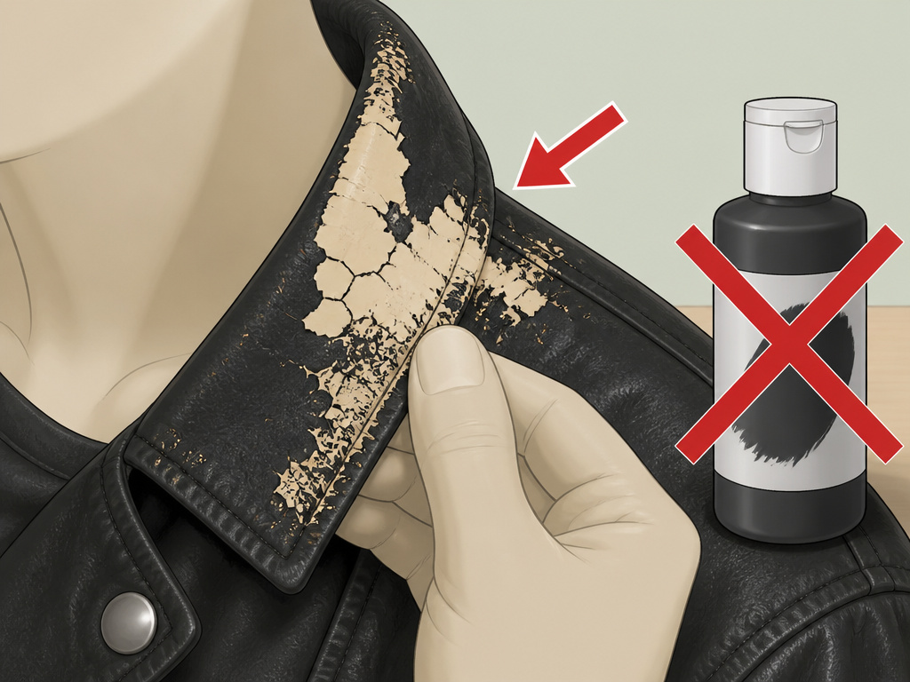 Mistake of cracked acrylic paint on a flexible leather jacket collar.